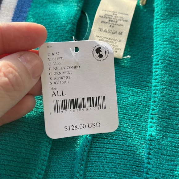 Free People One Size Poncho Striped Hooded Open Knit Kimono Pockets Green White - Picture 10 of 16